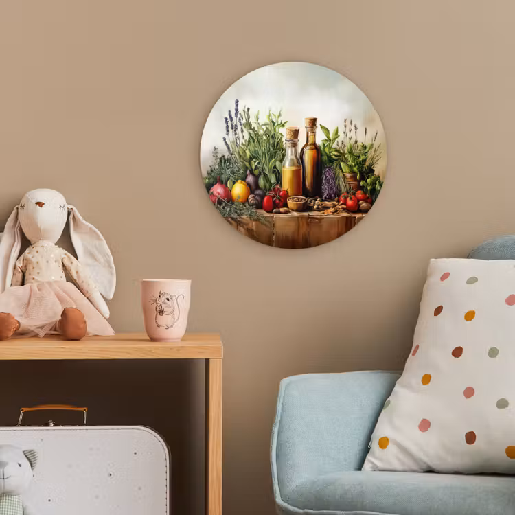 Stilleven - Kruiden - Specerijen - Fruit - Kleurrijk Wandcirkel kunststof plaat 5mm dik klein -tsfeer1_kind