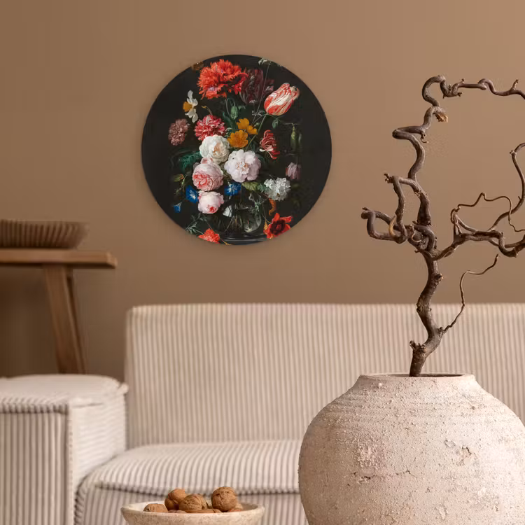 Stilleven met bloemen in een glazen vaas - Schilderij van Jan Davidsz. de Heem Wandcirkel kunststof plaat 5mm dik klein -sfeer1