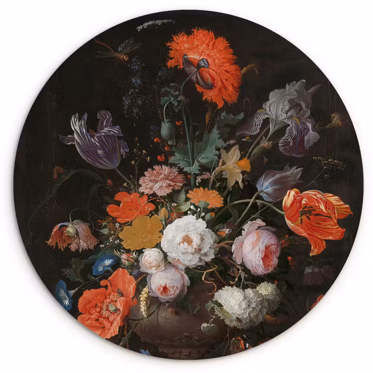 Stilleven met bloemen en een horloge - Schilderij van Abraham Mignon Wandcirkel kunststof plaat 5mm dik klein -3d