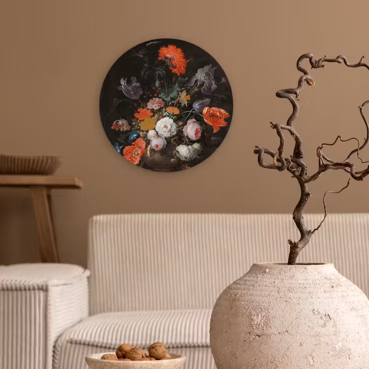 Stilleven met bloemen en een horloge - Schilderij van Abraham Mignon Wandcirkel kunststof plaat 5mm dik klein -sfeer1