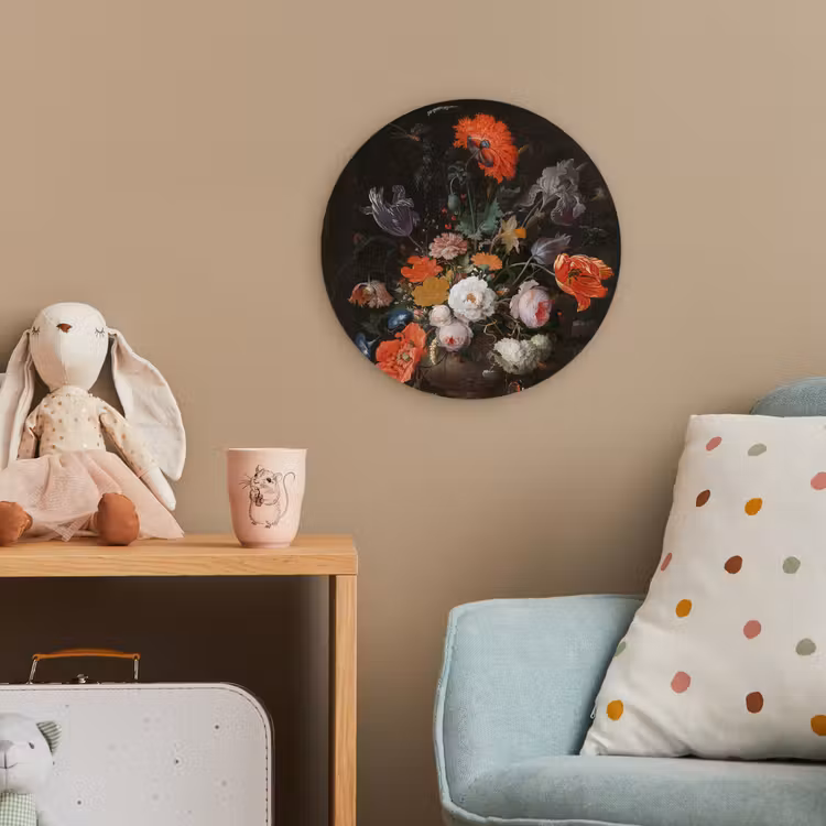 Stilleven met bloemen en een horloge - Schilderij van Abraham Mignon Wandcirkel kunststof plaat 5mm dik klein -tsfeer1_kind