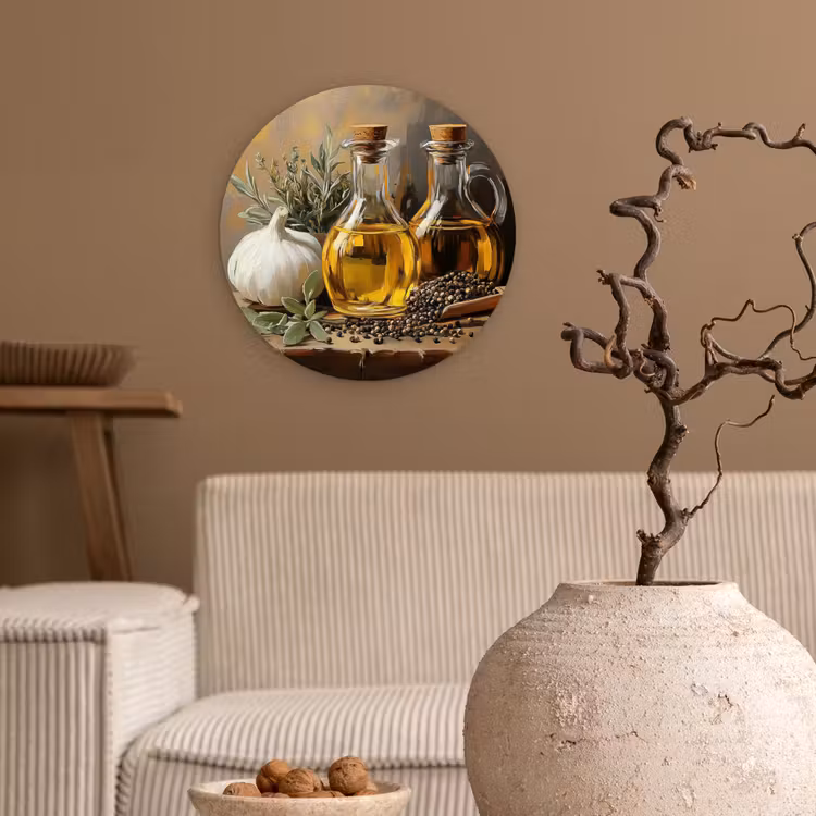 Stilleven - Olijfolie - Knoflook - Kruiden Wandcirkel kunststof plaat 5mm dik klein -sfeer1
