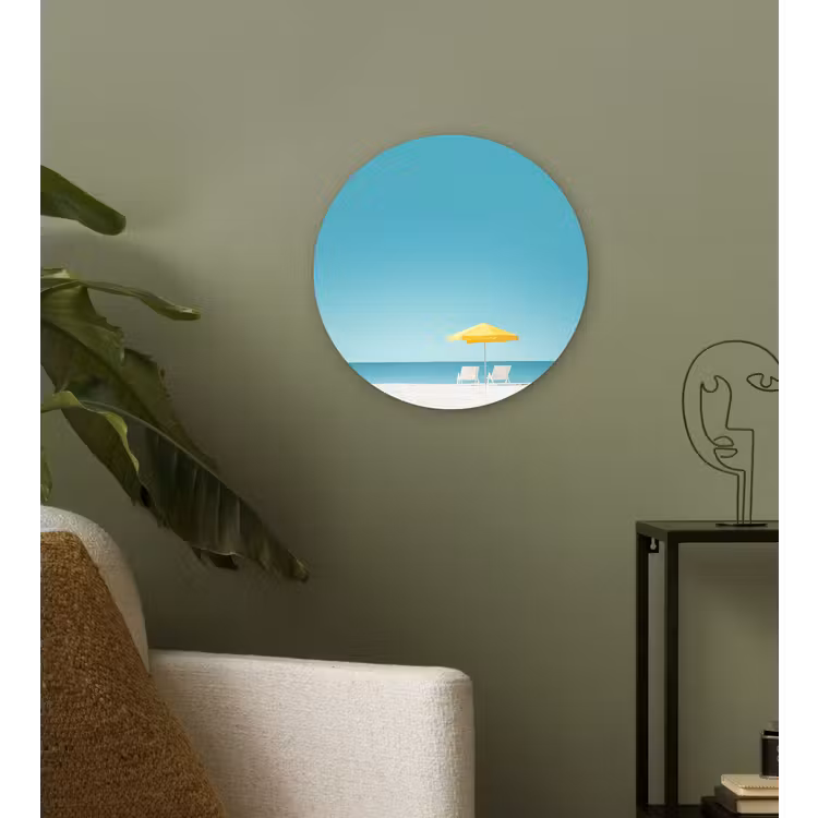 Strand - Blauwe lucht - Geel - Parasol Wandcirkel kunststof plaat 5mm dik klein -sfeer3