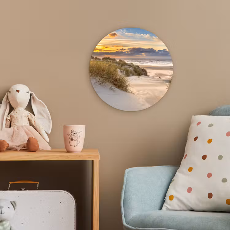 Strand - Duin - Gras - Zonsondergang - Zee Wandcirkel kunststof plaat 5mm dik klein -tsfeer1_kind