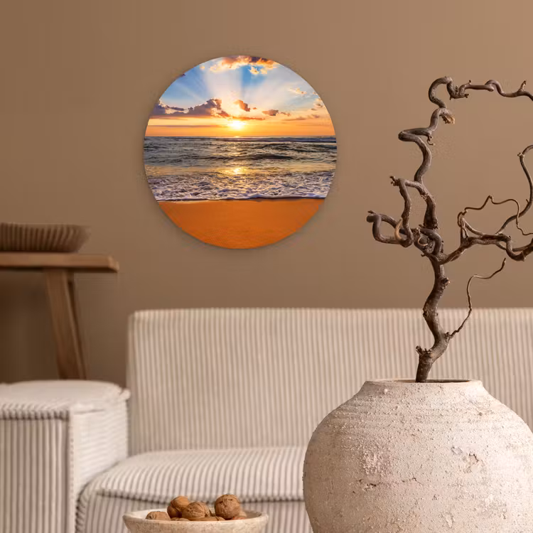 Strand - Zonsondergang - Zee - Wolken - Horizon Wandcirkel kunststof plaat 5mm dik klein -sfeer1