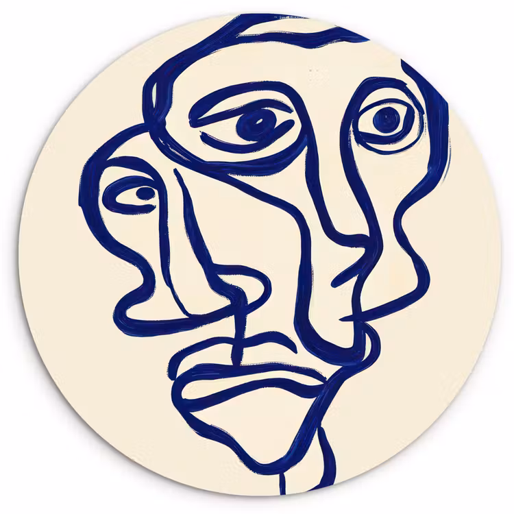 Lijntekening - Overlappende gezichten - Donkerblauw Wandcirkel kunststof plaat 5mm dik klein -3d