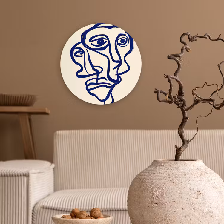Lijntekening - Overlappende gezichten - Donkerblauw Wandcirkel kunststof plaat 5mm dik klein -sfeer1
