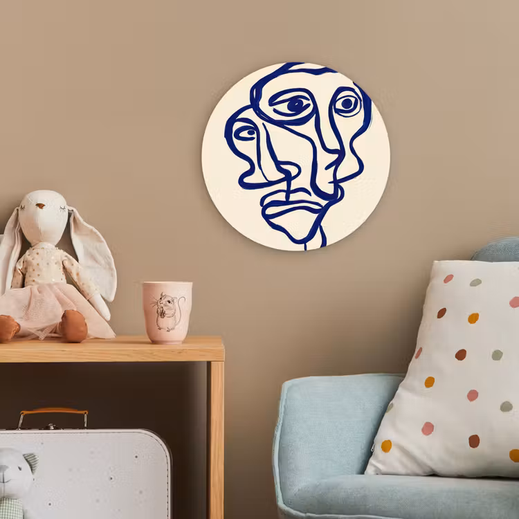 Lijntekening - Overlappende gezichten - Donkerblauw Wandcirkel kunststof plaat 5mm dik klein -tsfeer1_kind