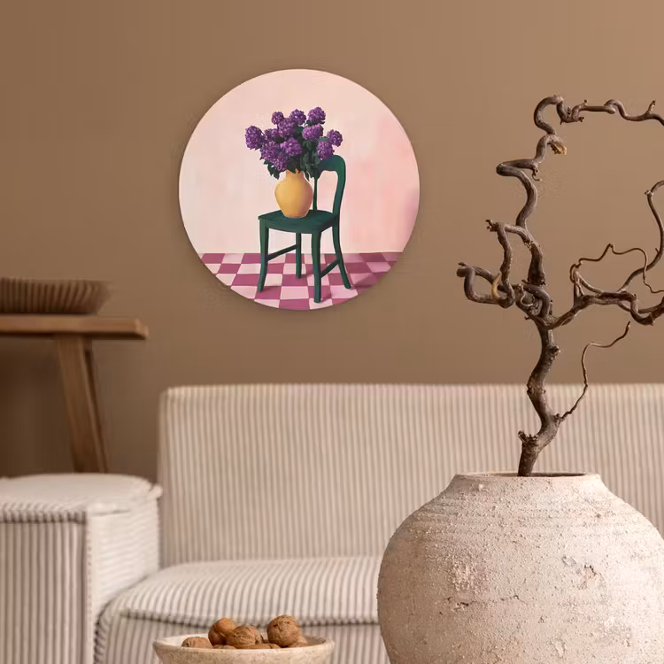 Stoel - Vaas - Bloemen - Geblokt Wandcirkel kunststof plaat 5mm dik klein -sfeer1