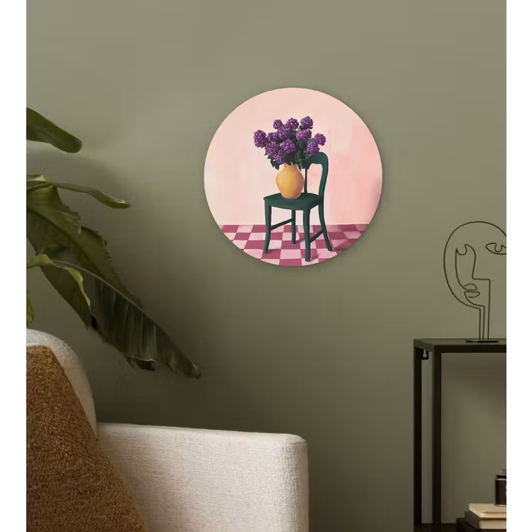 Stoel - Vaas - Bloemen - Geblokt Wandcirkel kunststof plaat 5mm dik klein -sfeer3