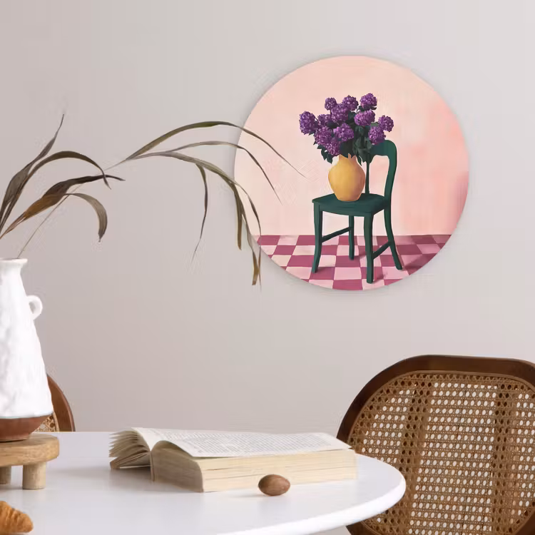 Stoel - Vaas - Bloemen - Geblokt Wandcirkel kunststof plaat 5mm dik klein -sfeer4
