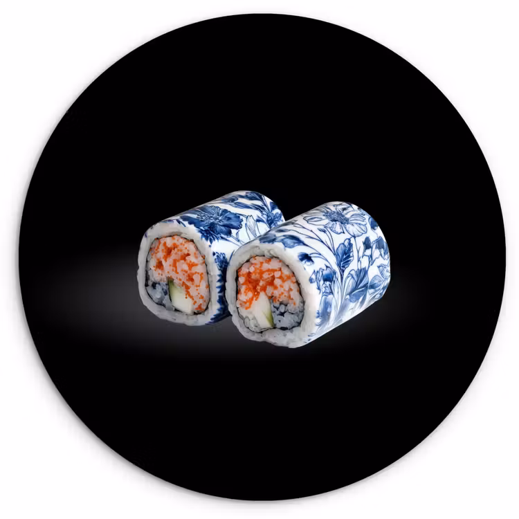Sushi - Delfts blauw - Rijst - Vis - Elegant Wandcirkel kunststof plaat 5mm dik klein -3d