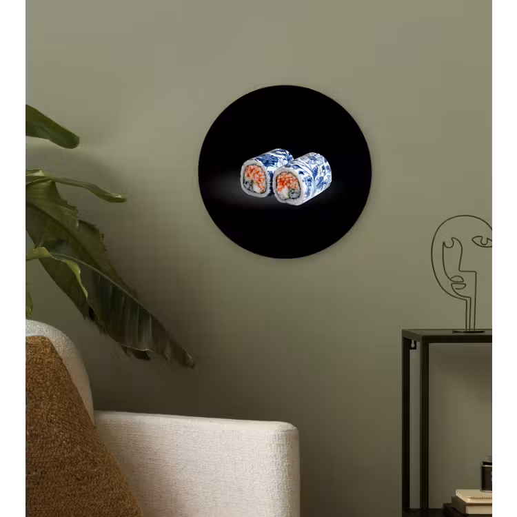 Sushi - Delfts blauw - Rijst - Vis - Elegant Wandcirkel kunststof plaat 5mm dik klein -sfeer3