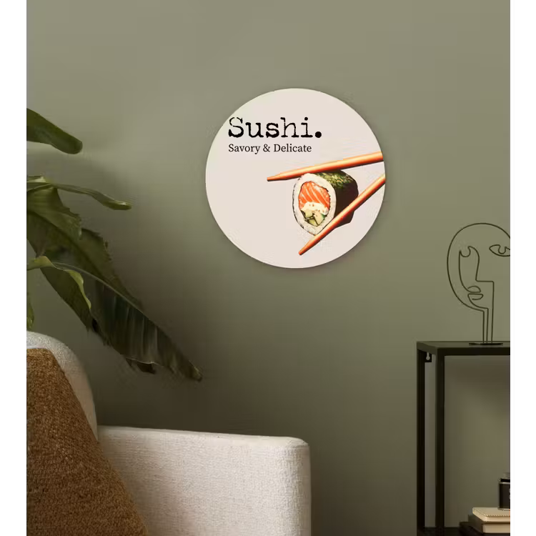 Sushi - Zalm - Rijst - Japans Wandcirkel kunststof plaat 5mm dik klein -sfeer3
