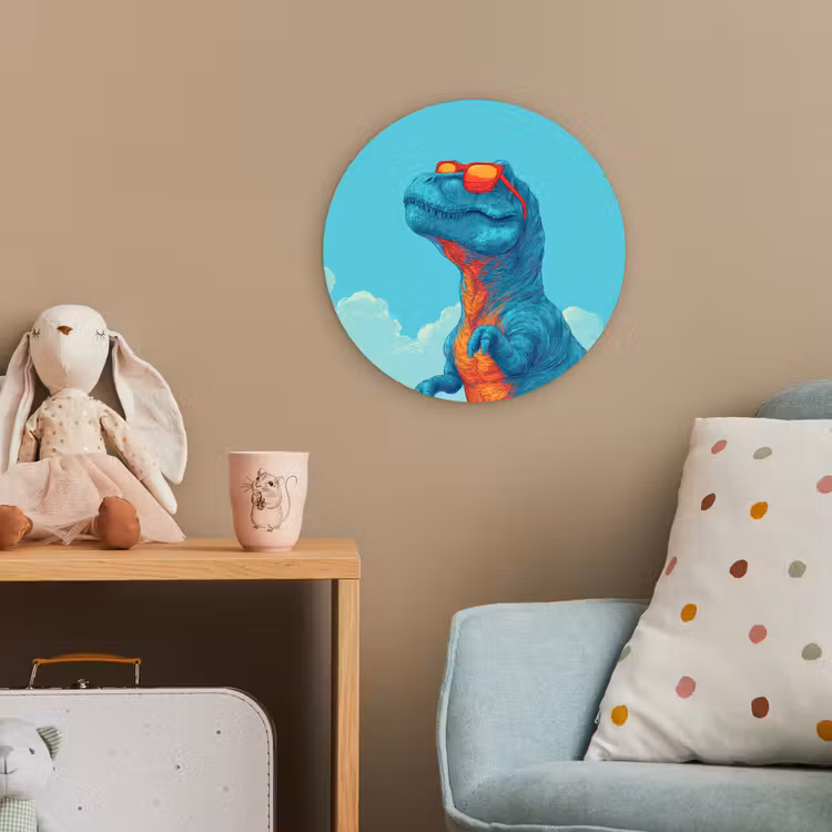 T-Rex - Blauw - Wolken - Zonnebril Wandcirkel kunststof plaat 5mm dik klein -tsfeer1_kind