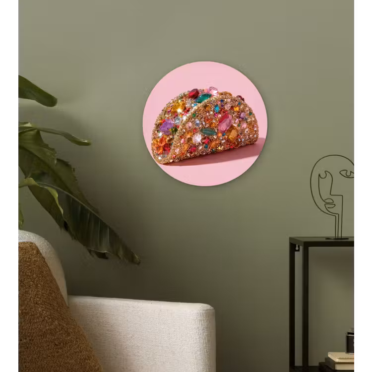 Taco - Kleurrijk - Edelstenen - Goud Wandcirkel kunststof plaat 5mm dik klein -sfeer3