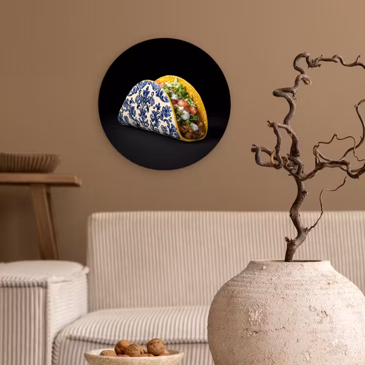 Taco - Vlees - Salade - Delftsblauw - Motief Wandcirkel kunststof plaat 5mm dik klein -sfeer1