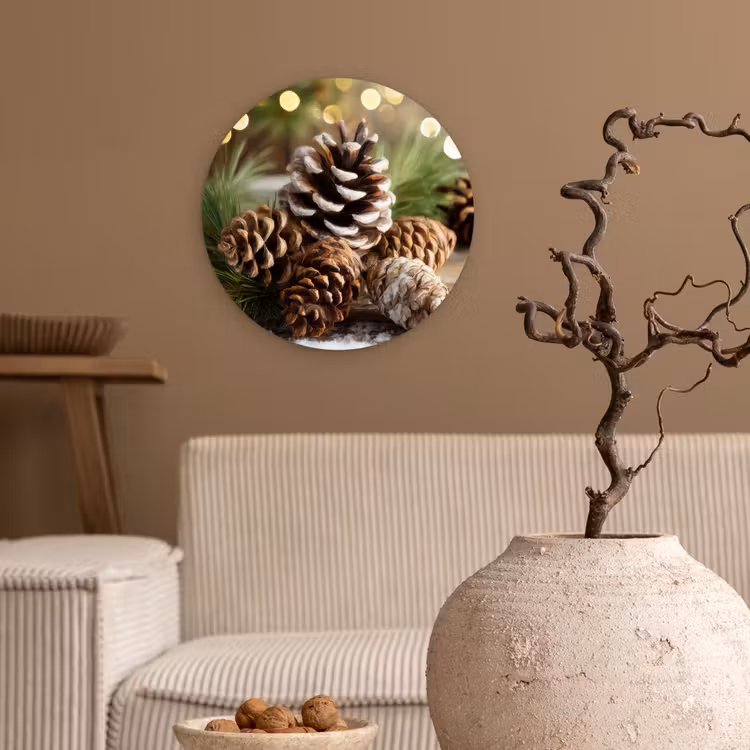 Dennenappels - Kerstsfeer - Bruin - Groen Wandcirkel kunststof plaat 5mm dik klein -sfeer1