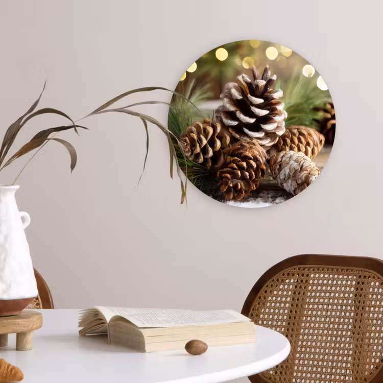 Dennenappels - Kerstsfeer - Bruin - Groen Wandcirkel kunststof plaat 5mm dik klein -sfeer4