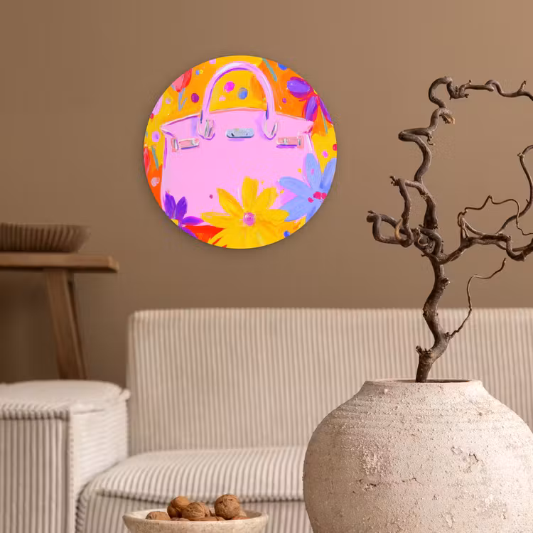 Tas - Roze - Bloemen Wandcirkel kunststof plaat 5mm dik klein -sfeer1