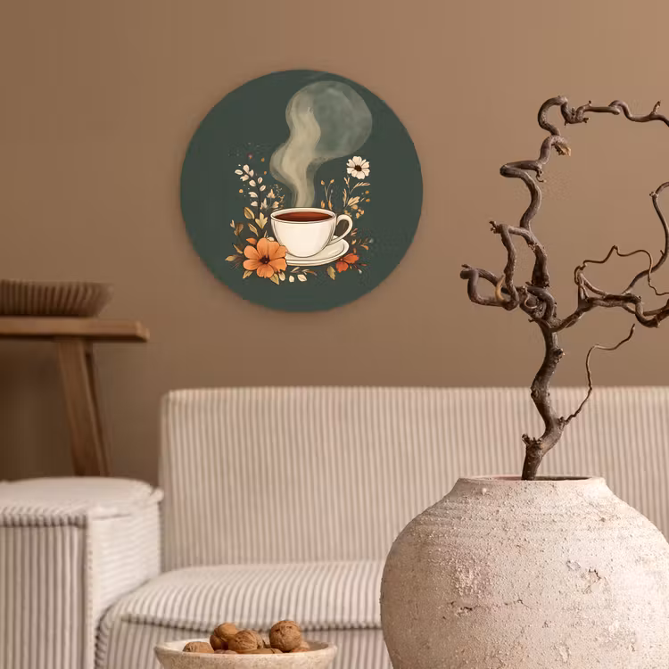 Kop - Bloemen - Groen - Koffie Wandcirkel kunststof plaat 5mm dik klein -sfeer1