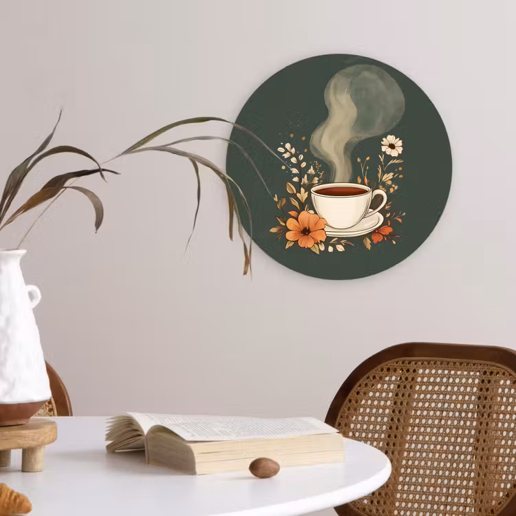 Kop - Bloemen - Groen - Koffie Wandcirkel kunststof plaat 5mm dik klein -sfeer4