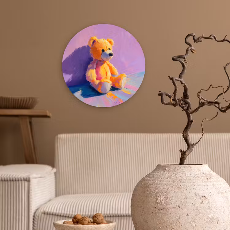 Teddybeer - Schaduw - Penseelstreken - Paars Wandcirkel kunststof plaat 5mm dik klein -sfeer1