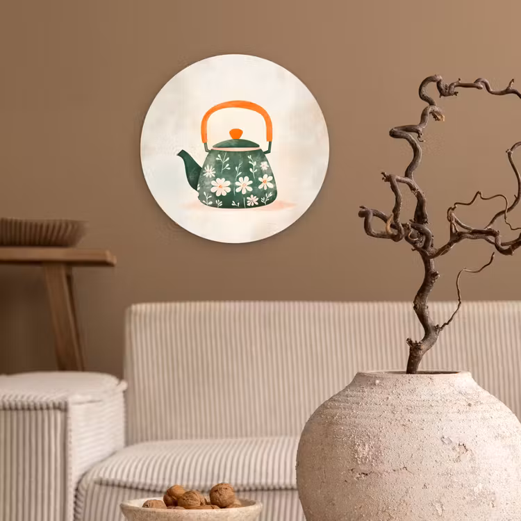 Theepot - Groen - Bloemen - Oranje Wandcirkel kunststof plaat 5mm dik klein -sfeer1