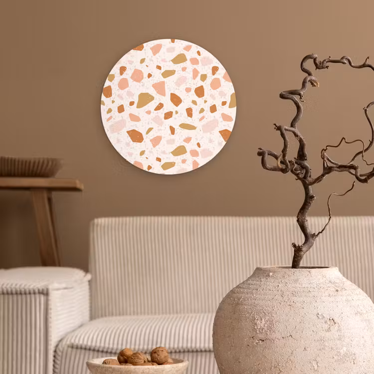 Terrazzo - Patroon - Kleurrijk - Zalm Wandcirkel kunststof plaat 5mm dik klein 188 -sfeer1