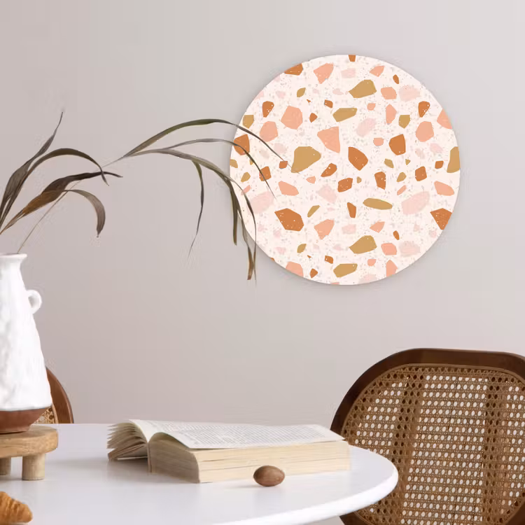 Terrazzo - Patroon - Kleurrijk - Zalm Wandcirkel kunststof plaat 5mm dik klein 188 -sfeer4