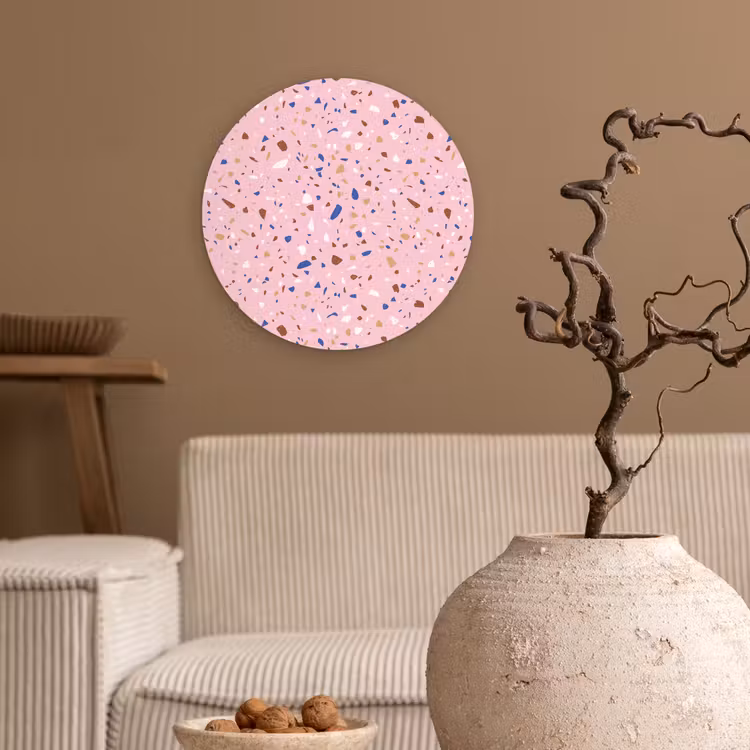Terrazzo -  Patroon - Kleurrijk - Roze Wandcirkel kunststof plaat 5mm dik klein 188 -sfeer1