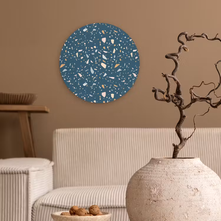 Terrazzo - Patroon - Kleurrijk - Diep blauw Wandcirkel kunststof plaat 5mm dik klein 188 -sfeer1