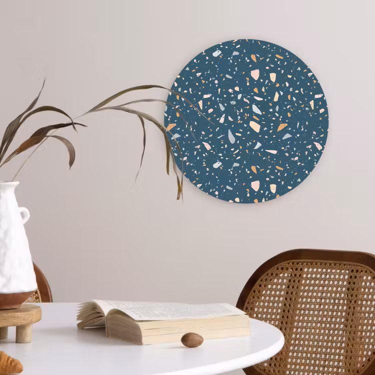 Terrazzo - Patroon - Kleurrijk - Diep blauw Wandcirkel kunststof plaat 5mm dik klein 188 -sfeer4