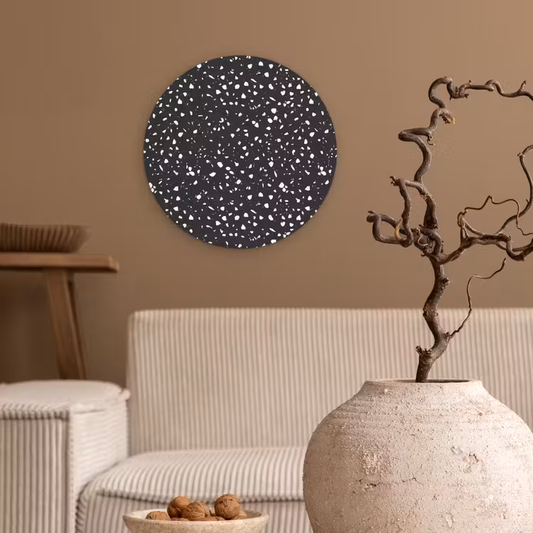 Terrazzo - Patroon - Zwart - Wit Wandcirkel kunststof plaat 5mm dik klein 188 -sfeer1