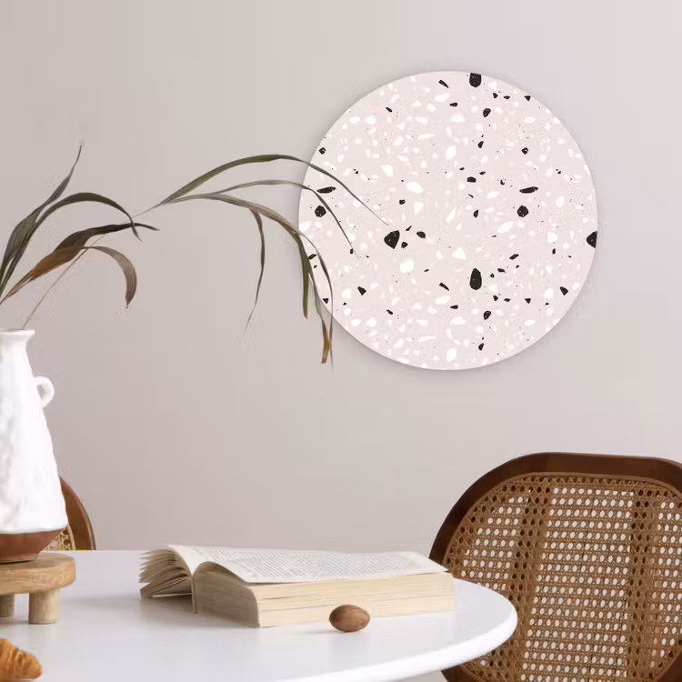 Terrazzo - Patroon - Zacht - Zwart - Wit Wandcirkel kunststof plaat 5mm dik klein 188 -sfeer4