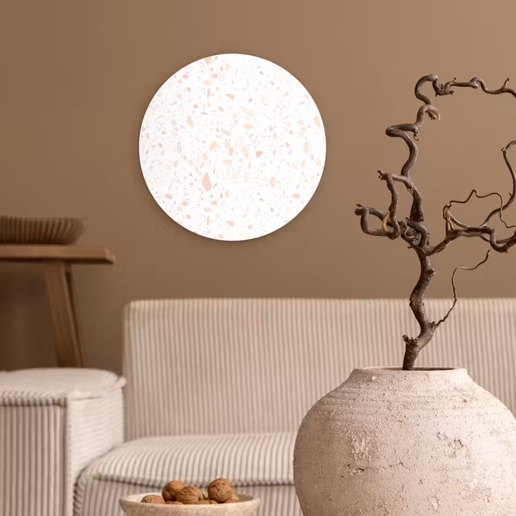 Terrazzo - Patroon - Wit - Perzik Wandcirkel kunststof plaat 5mm dik klein 188 -sfeer1