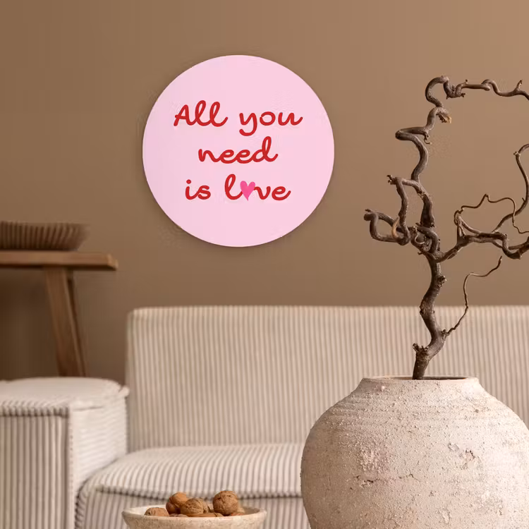 Tekst - Roze - Love - Hart Wandcirkel kunststof plaat 5mm dik klein -sfeer1