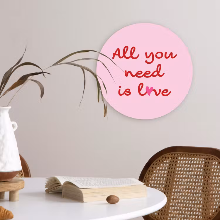 Tekst - Roze - Love - Hart Wandcirkel kunststof plaat 5mm dik klein -sfeer4