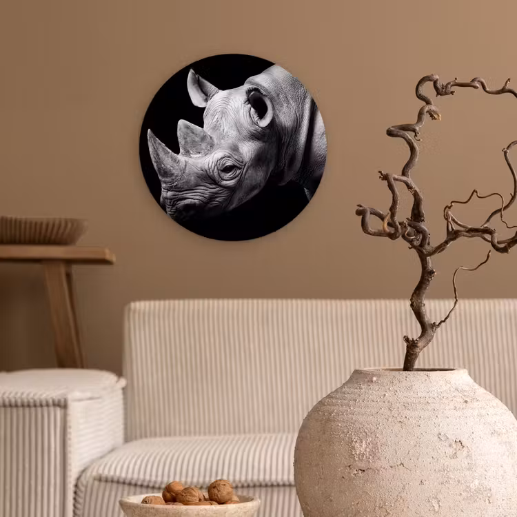 Dieren - Neushoorn - Zwart - Wit - Portret Wandcirkel kunststof plaat 5mm dik klein -sfeer1