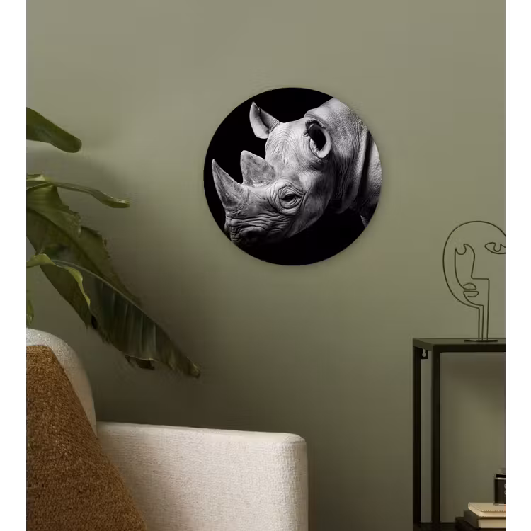 Dieren - Neushoorn - Zwart - Wit - Portret Wandcirkel kunststof plaat 5mm dik klein -sfeer3