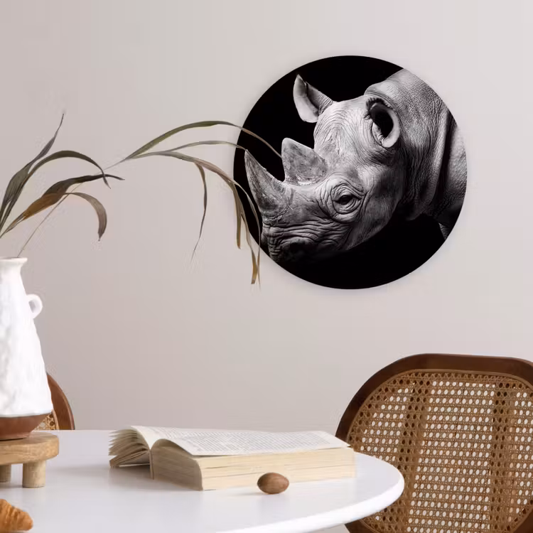 Dieren - Neushoorn - Zwart - Wit - Portret Wandcirkel kunststof plaat 5mm dik klein -sfeer4