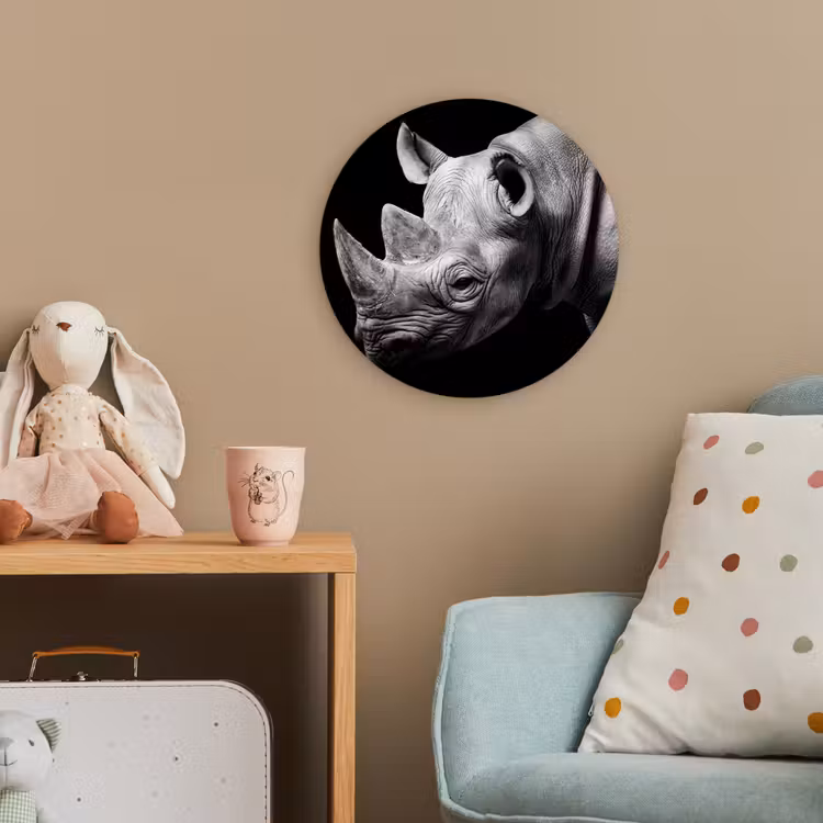 Dieren - Neushoorn - Zwart - Wit - Portret Wandcirkel kunststof plaat 5mm dik klein -tsfeer1_kind