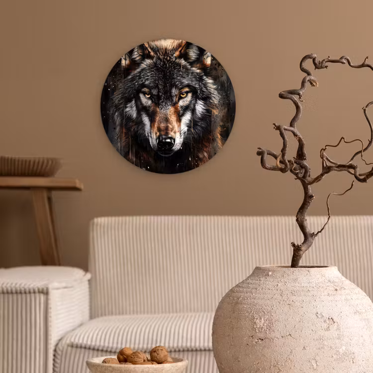 Dieren - Wolf - Portret - Zwart - Bruin Wandcirkel kunststof plaat 5mm dik klein -sfeer1