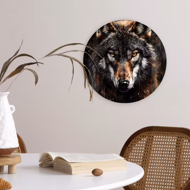 Dieren - Wolf - Portret - Zwart - Bruin Wandcirkel kunststof plaat 5mm dik klein -sfeer4
