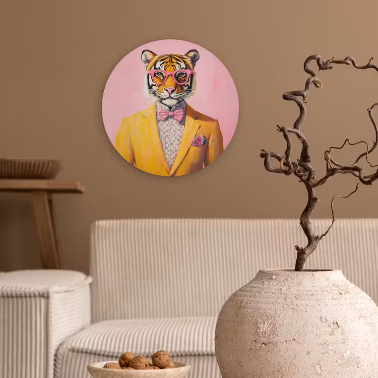 Tijger - Bril - Geel - Jasje Wandcirkel kunststof plaat 5mm dik klein -sfeer1