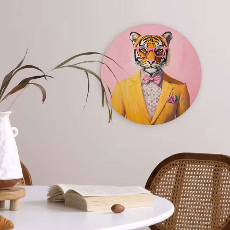 Tijger - Bril - Geel - Jasje Wandcirkel kunststof plaat 5mm dik klein -sfeer4