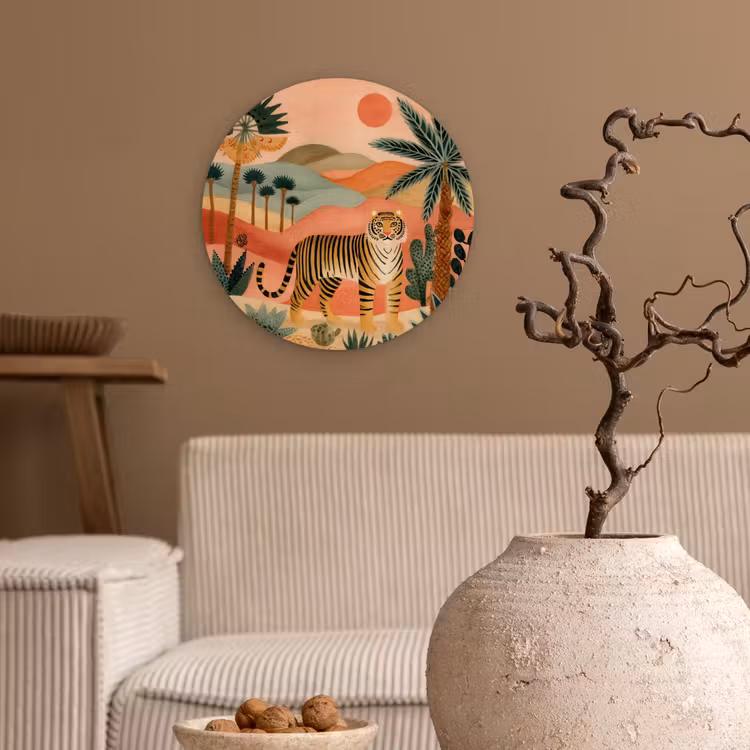 Tijger - Kleurrijk - Palmen - Cactus Wandcirkel kunststof plaat 5mm dik klein -sfeer1