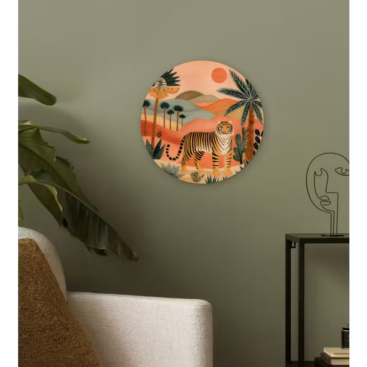 Tijger - Kleurrijk - Palmen - Cactus Wandcirkel kunststof plaat 5mm dik klein -sfeer3