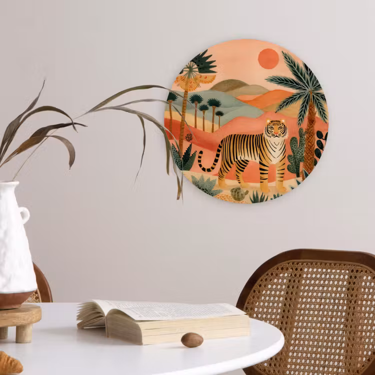 Tijger - Kleurrijk - Palmen - Cactus Wandcirkel kunststof plaat 5mm dik klein -sfeer4