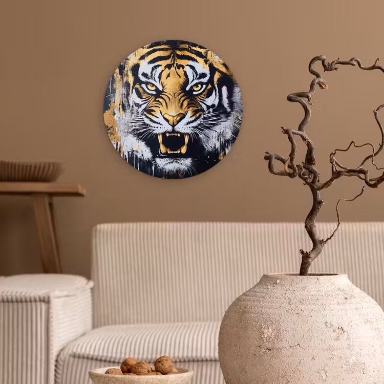 Tijger - Verfspatten - Goud Wandcirkel kunststof plaat 5mm dik klein -sfeer1